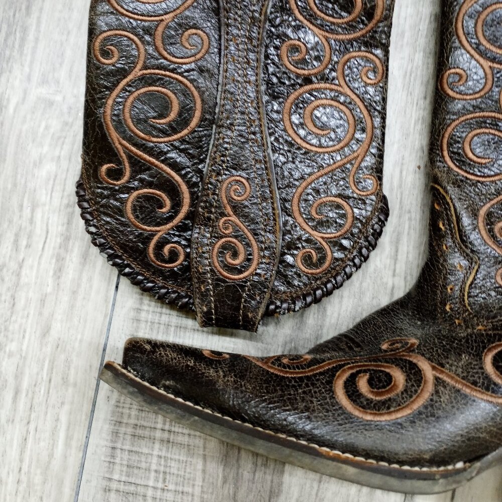 Ariat Dark Brown Leather Heeled Western Boots with Tan Stitching - Picture 4 of 15